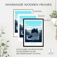 Handmade wooden frames in natural, white, and black for Alaska travel posters, sustainably sourced and ready to hang.