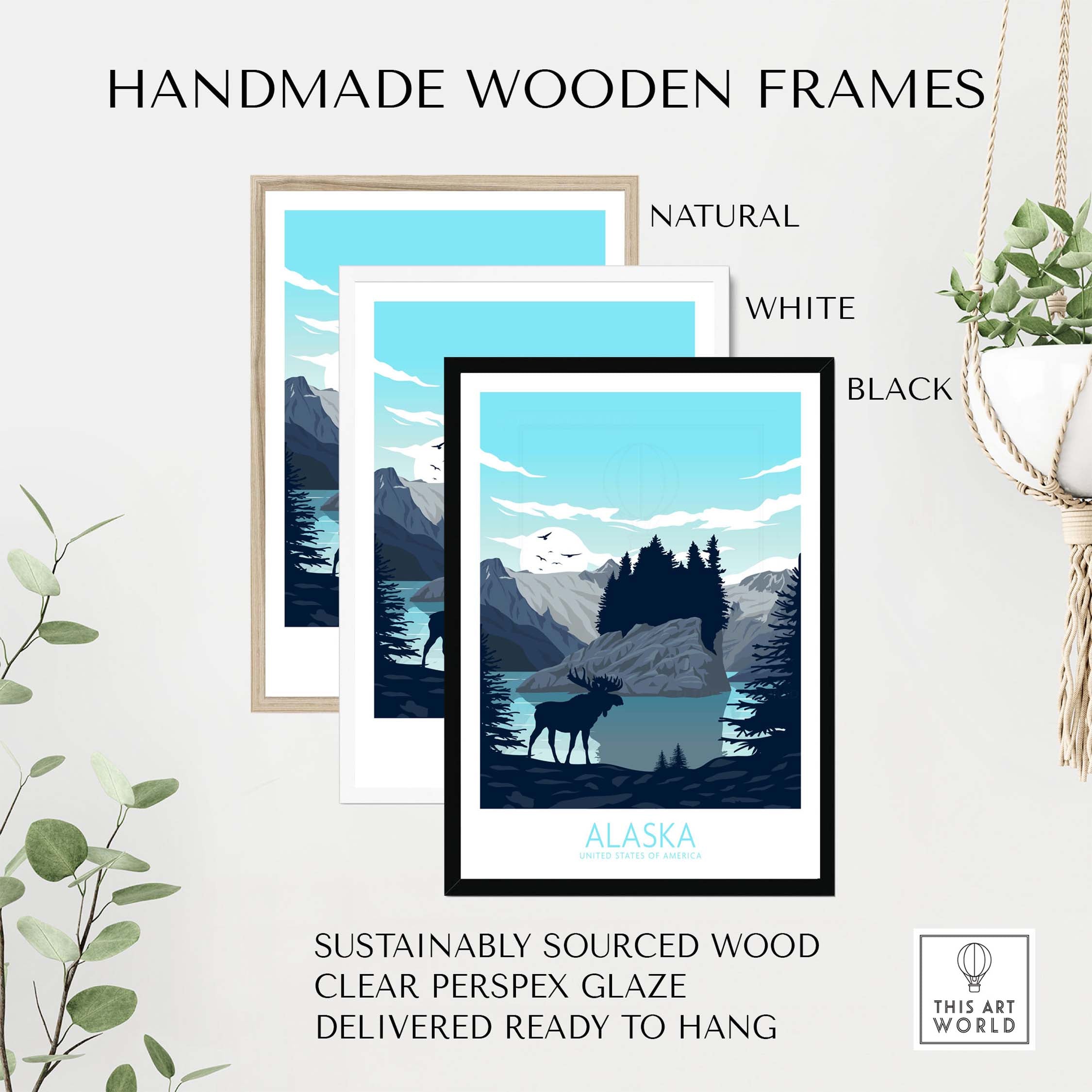 Handmade wooden frames in natural, white, and black for Alaska travel posters, sustainably sourced and ready to hang.