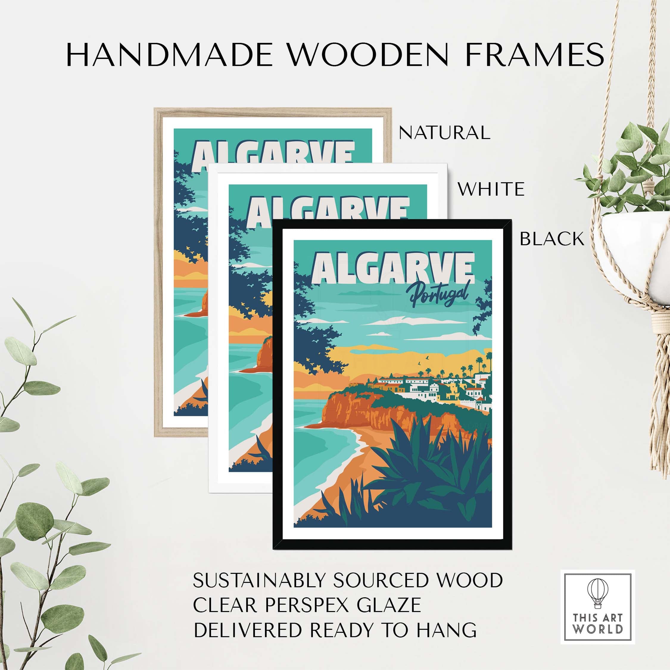 Handmade wooden frames in natural, white, and black for Algarve Poster Portugal, sustainably sourced and ready to hang.