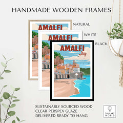 Handmade wooden frames for Amalfi Coast Italy print wall art, available in natural, white, and black styles.