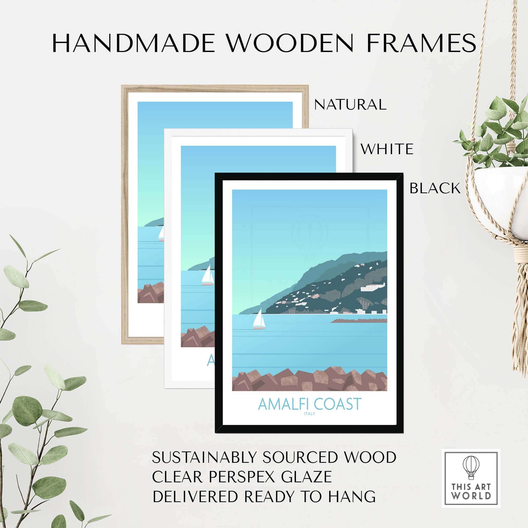 Handmade wooden frames in natural, white, and black, showcasing Amalfi Coast print art.