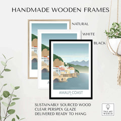Amalfi Coast wall art displayed in handmade wooden frames: natural, white, and black options, sustainably sourced.