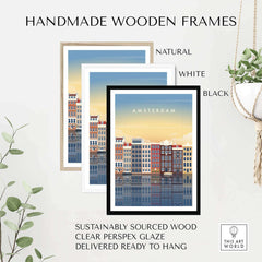 Handmade wooden frames in natural, white, and black for Amsterdam Wall Art, ready to hang and sustainably sourced.
