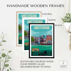 Amsterdam print posters in handmade wooden frames: natural, white, and black options.