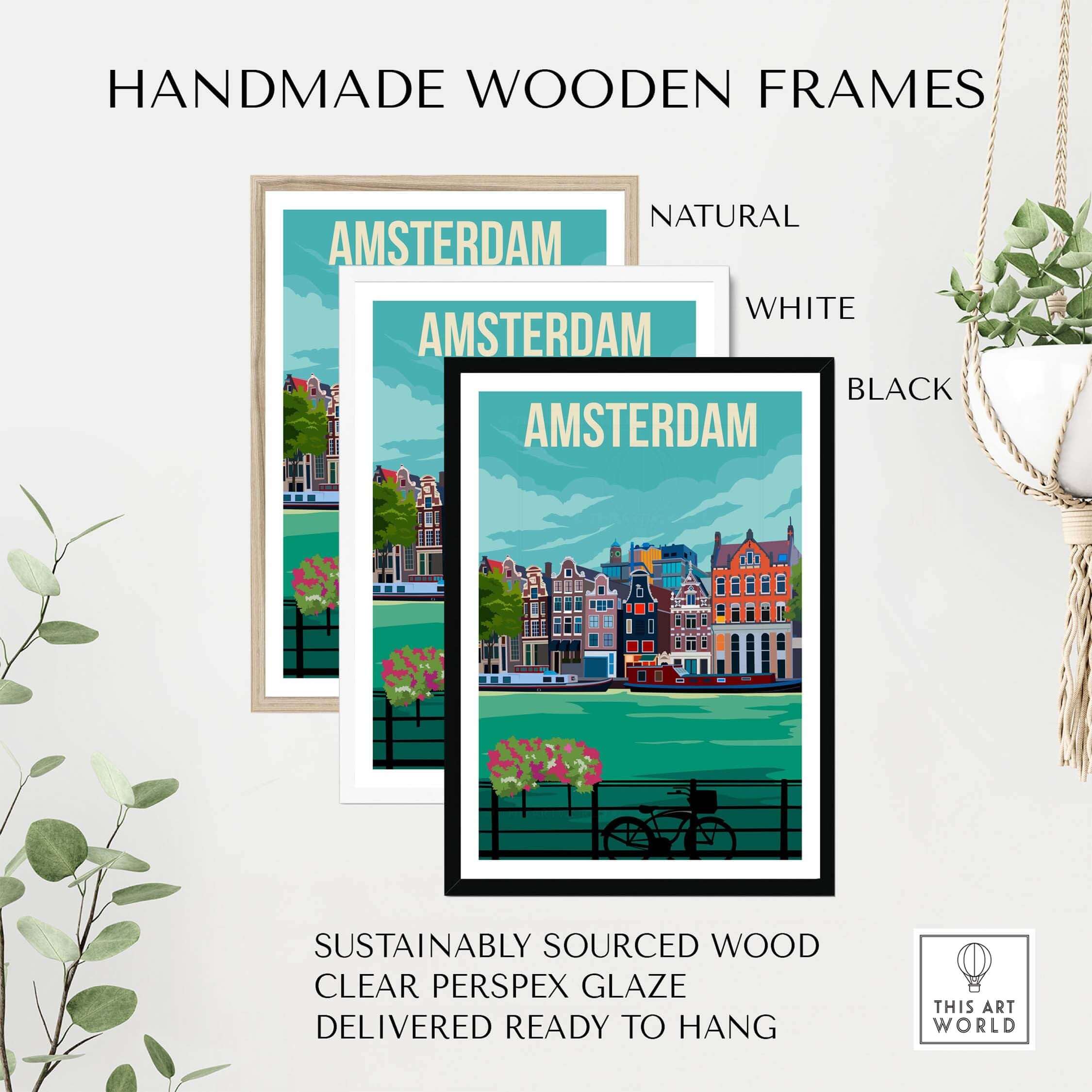 Amsterdam print posters in handmade wooden frames: natural, white, and black options.