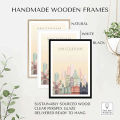 Handmade wooden frames for Amsterdam Skyline Print, available in natural, white, and black finishes, sustainably sourced.