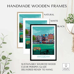 Handmade wooden frames for Amsterdam poster print in natural, white, and black. Sustainably sourced wood, ready to hang.