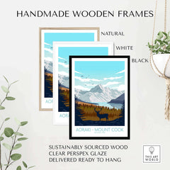 Handmade wooden frames for Aoraki Mount Cook poster, available in natural, white, and black finishes.