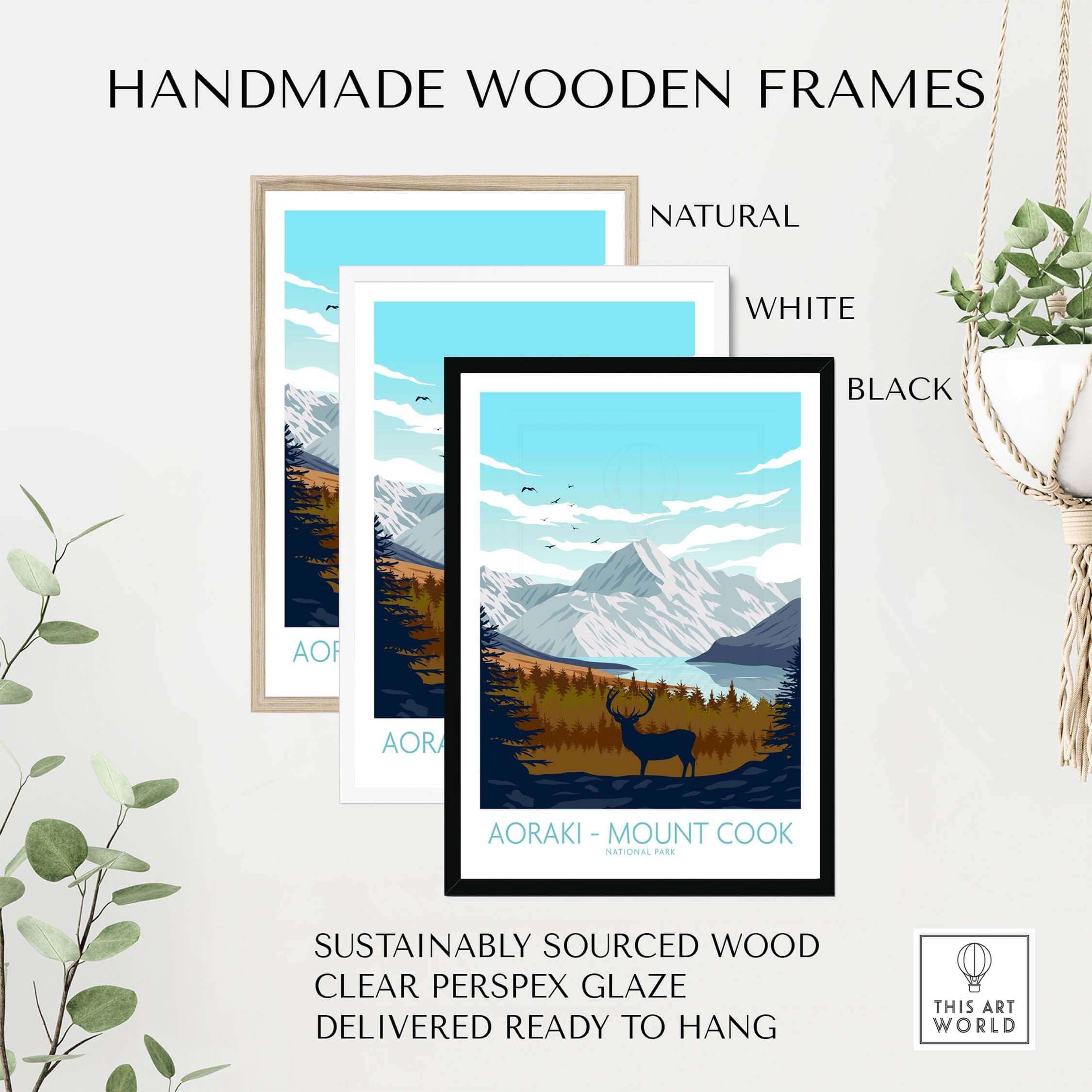 Handmade wooden frames for Aoraki Mount Cook poster, available in natural, white, and black finishes.
