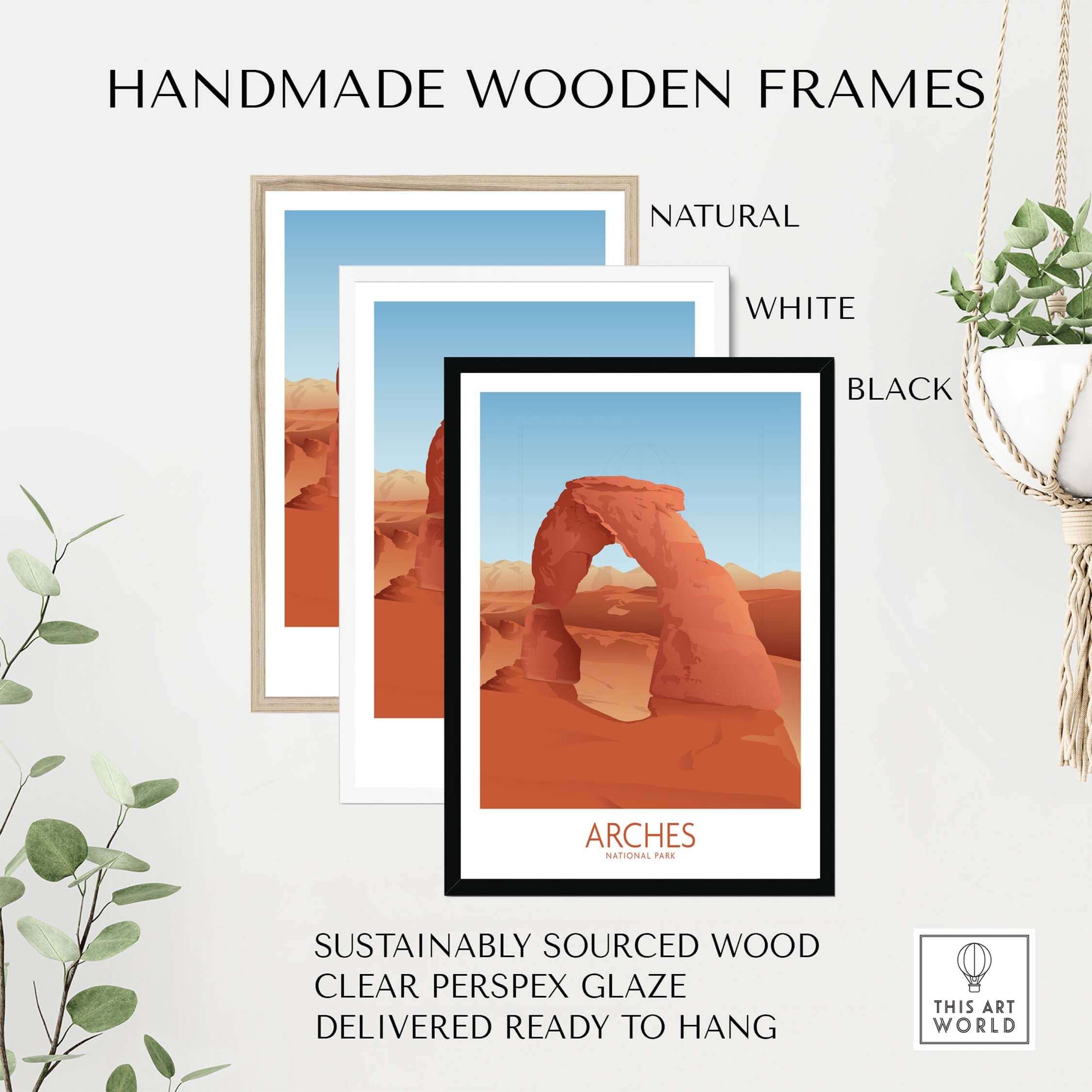 Handmade wooden frames in natural, white, and black showcasing Arches National Park art prints, ready to hang.