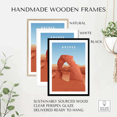 Handmade wooden frames in natural, white, and black for Arches National Park Art prints, ready to hang.