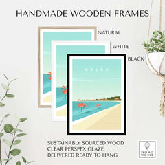 Handmade wooden frames in natural, white, and black for Aruba Wall Art Print, sustainably sourced and ready to hang.