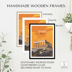 Athens Print Greece Poster in three handmade wooden frames: natural, white, and black, ready to hang art.