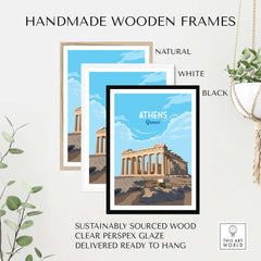 Athens Greece Art Print in three handmade wooden frames: natural, white, and black. Sustainable and ready to hang decor.