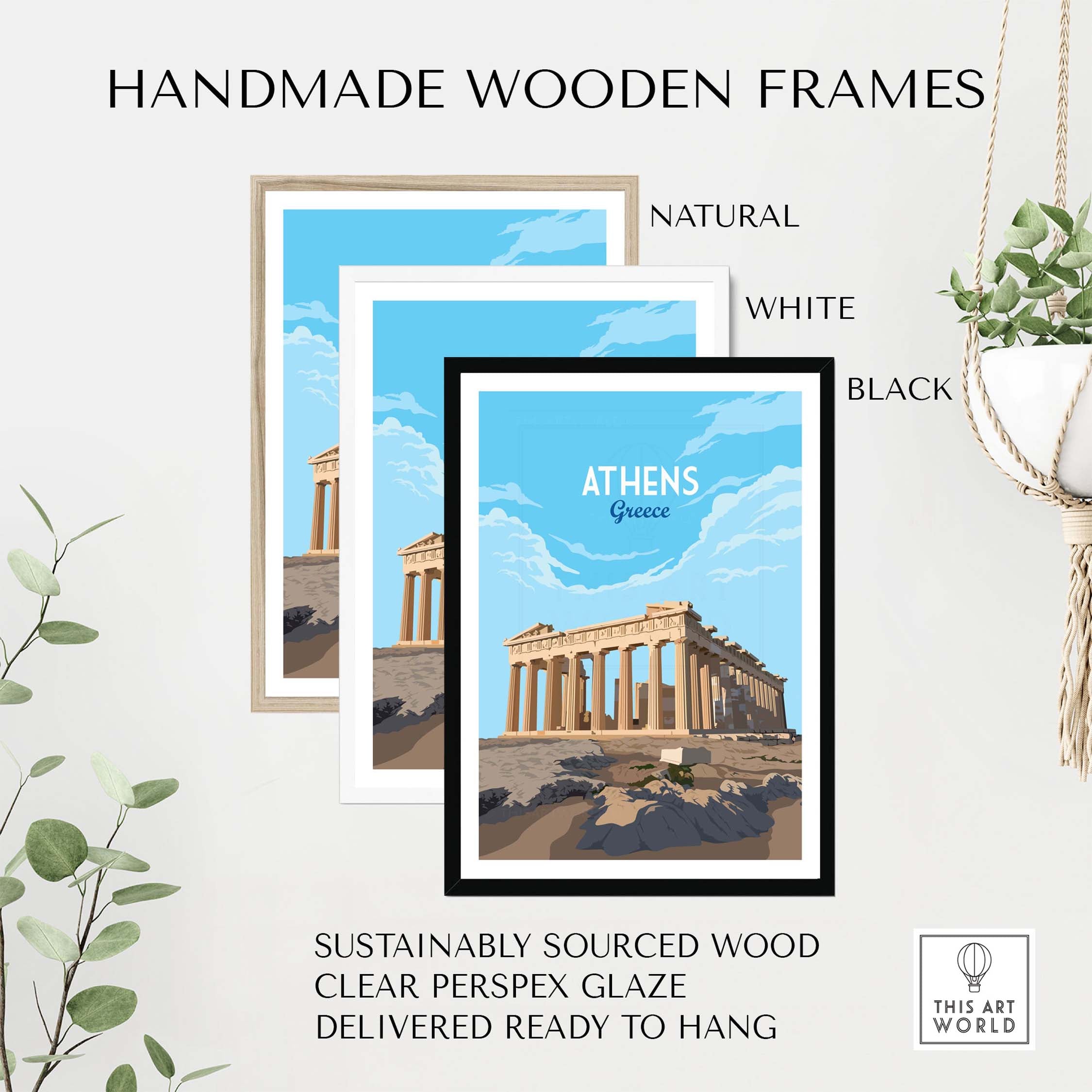 Athens Greece Art Print in three handmade wooden frames: natural, white, and black. Sustainable and ready to hang decor.