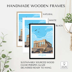 Handmade wooden frames in natural, white, and black colors for Athens Greece wall art poster.