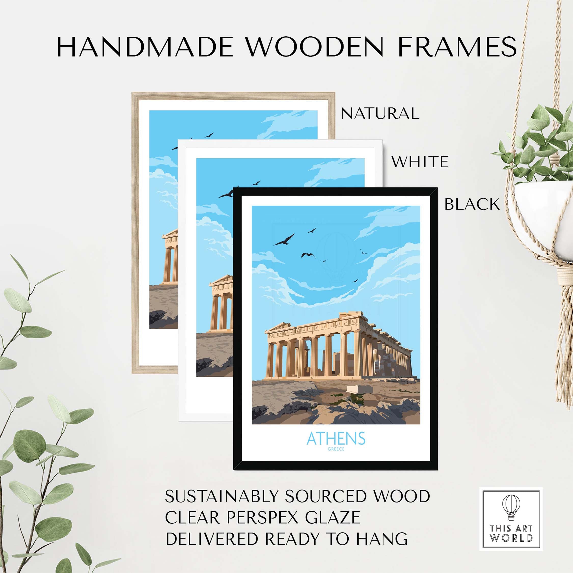 Handmade wooden frames in natural, white, and black colors for Athens Greece wall art poster.