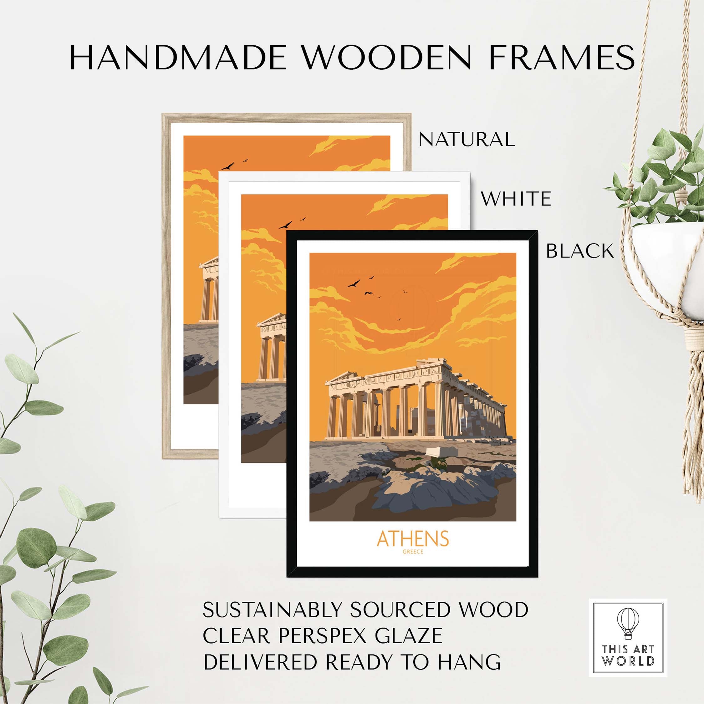 Handmade wooden frames in natural, white, and black for Athens travel poster art.