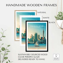 Handmade wooden frames in natural, white, and black for Auckland Travel Poster Print, made from sustainable wood.
