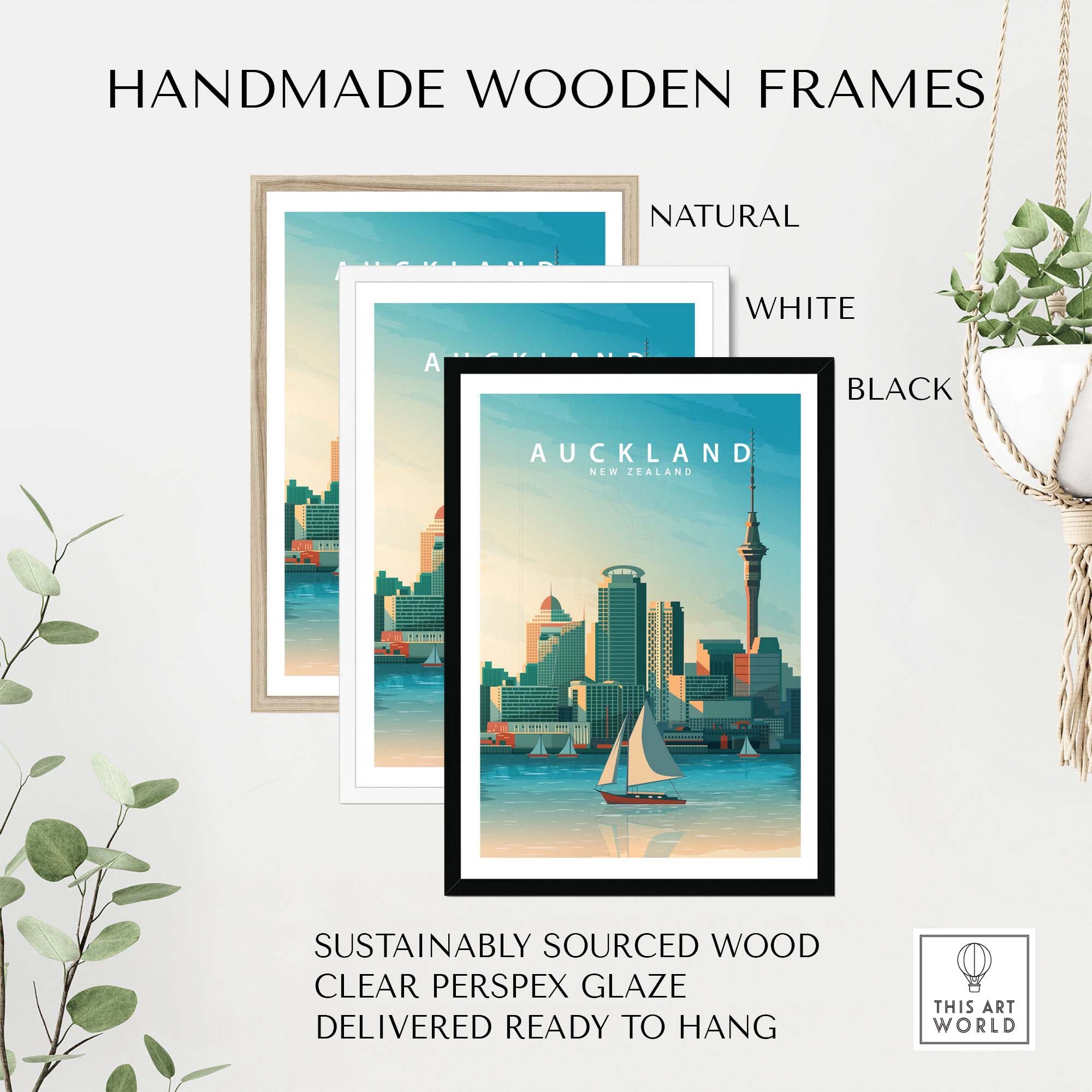 Handmade wooden frames in natural, white, and black for Auckland Travel Poster Print, made from sustainable wood.