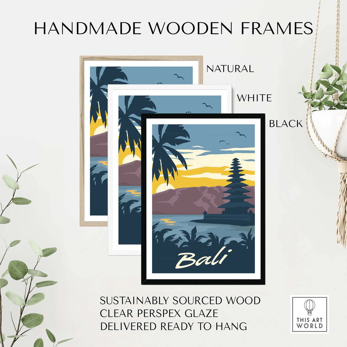 Bali wall art print framed in handmade wooden frames in natural, white, and black colors showcasing a tropical sunset.