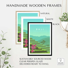 Bali print wall art poster in handmade wooden frames, showcasing natural, white, and black options.