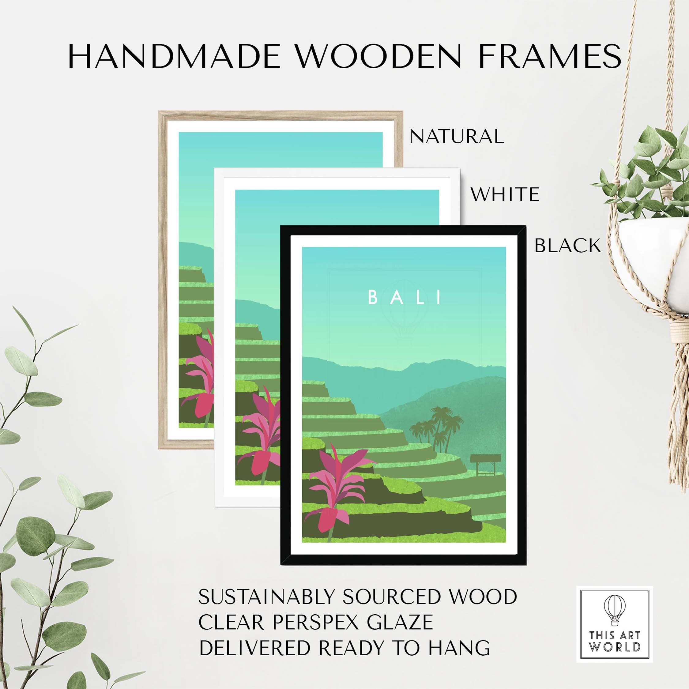 Bali print wall art poster in handmade wooden frames, showcasing natural, white, and black options.