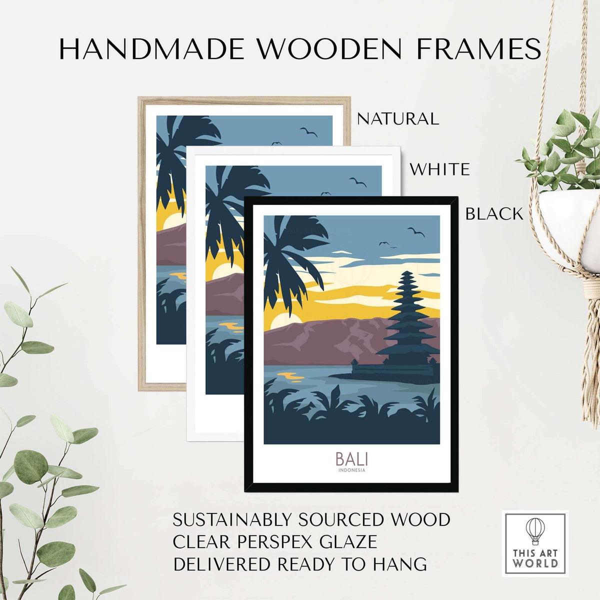 Handmade wooden frames for Bali travel poster in natural, white, and black finishes, sustainably sourced for stylish decor.