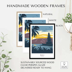Handmade wooden frames for Bali travel poster in natural, white, and black finishes, sustainably sourced for stylish decor.