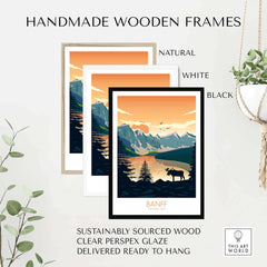 Three handmade wooden frames in natural, white, and black displaying a Banff National Park art print.