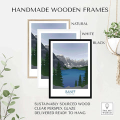 Handmade wooden frames for Banff National Park art prints in natural, white, and black finishes.