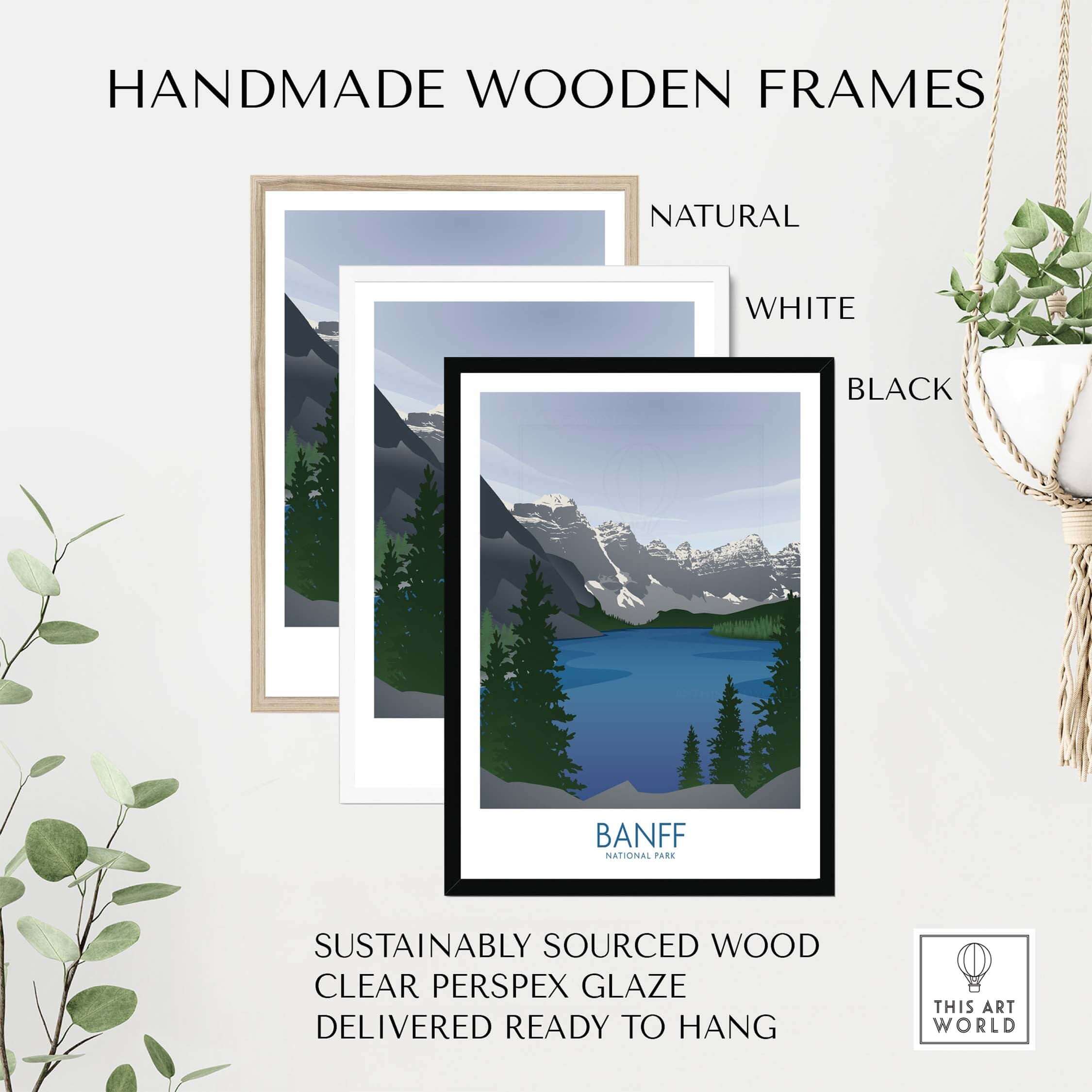 Handmade wooden frames for Banff National Park art prints in natural, white, and black finishes.