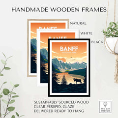 Handmade wooden frames in natural, white, and black for Banff National Park poster, made with sustainably sourced wood.