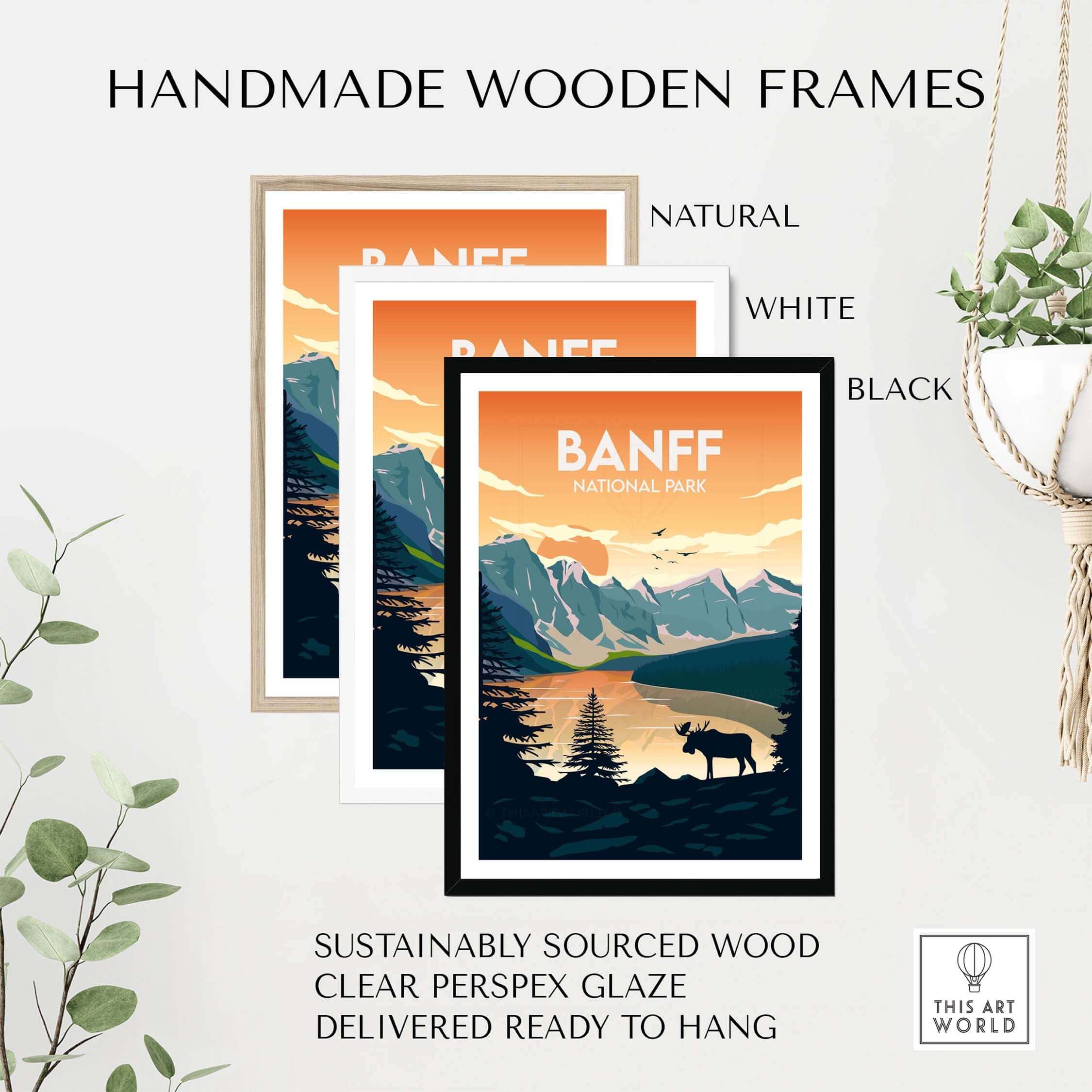 Handmade wooden frames in natural, white, and black for Banff National Park poster, made with sustainably sourced wood.