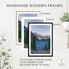 Handmade wooden frames in natural, white, and black for Banff National Park art, ready to hang and sustainably sourced.