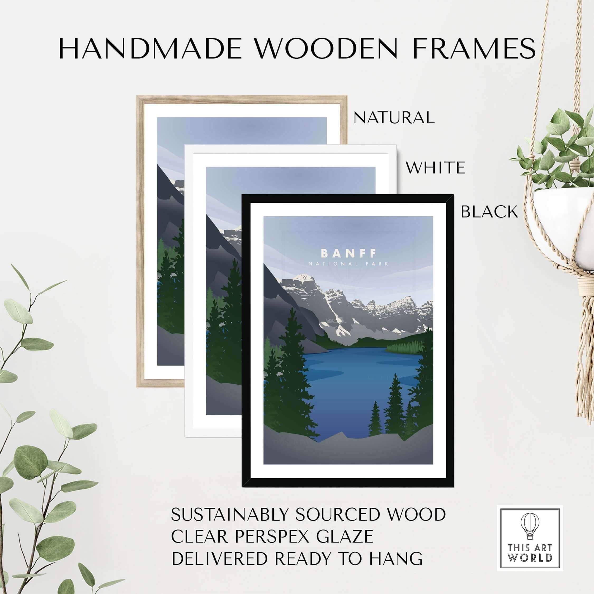 Handmade wooden frames in natural, white, and black for Banff National Park art, ready to hang and sustainably sourced.
