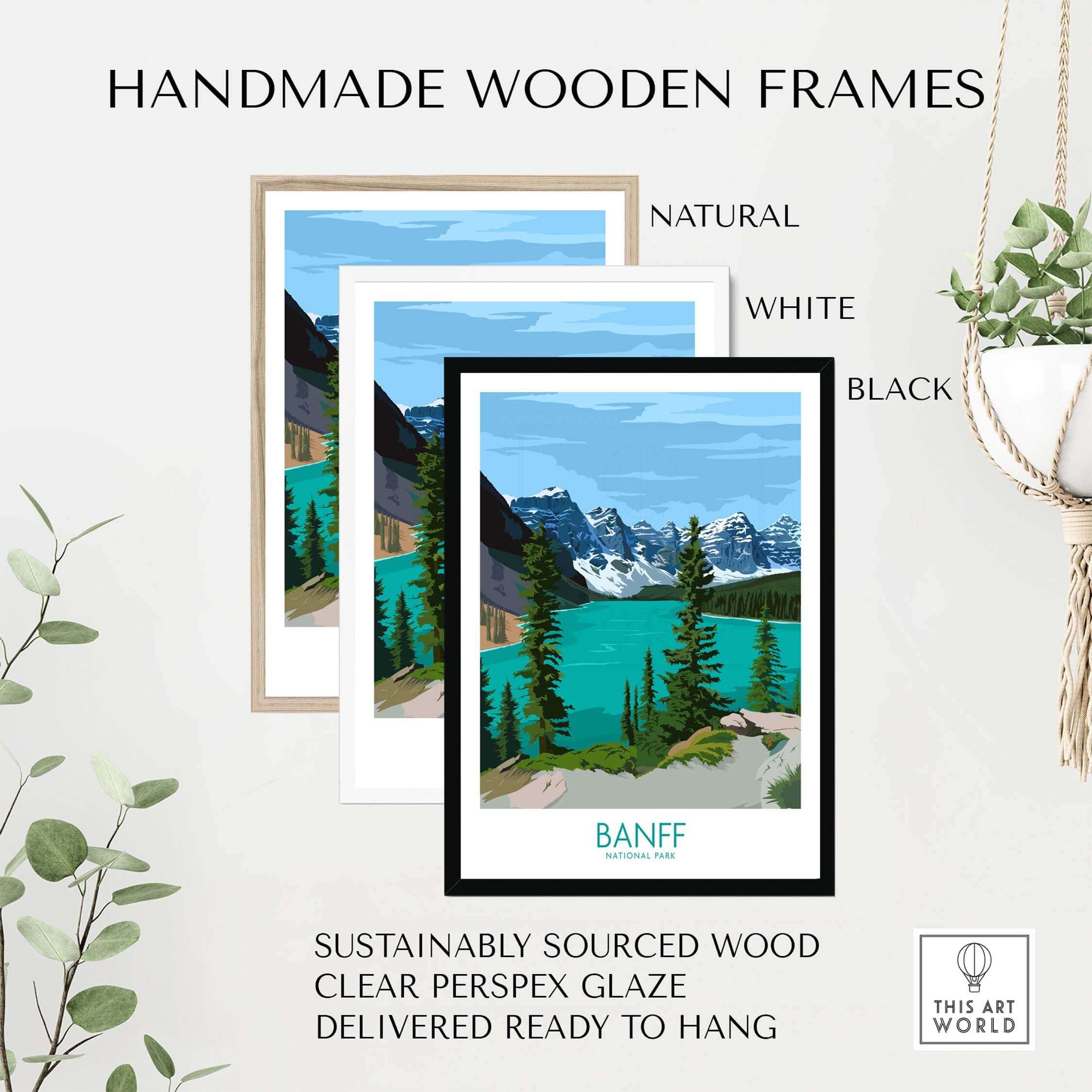 Handmade wooden frames for Banff poster prints in natural, white, and black styles, sustainably sourced for eco-friendly decor.