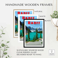 Handmade wooden frames for Banff National Park poster in natural, white, and black colors, made from sustainably sourced wood.