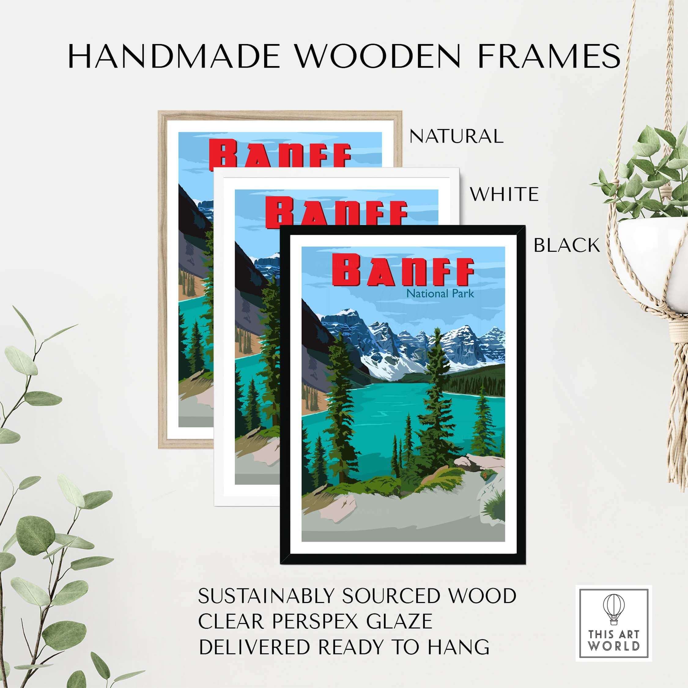 Handmade wooden frames for Banff National Park poster in natural, white, and black colors, made from sustainably sourced wood.