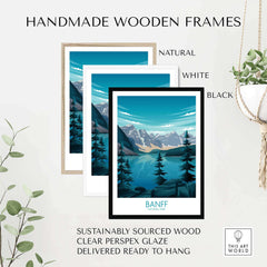Three handmade wooden frames in natural, white, and black, showcasing a Banff National Park print ready to hang.