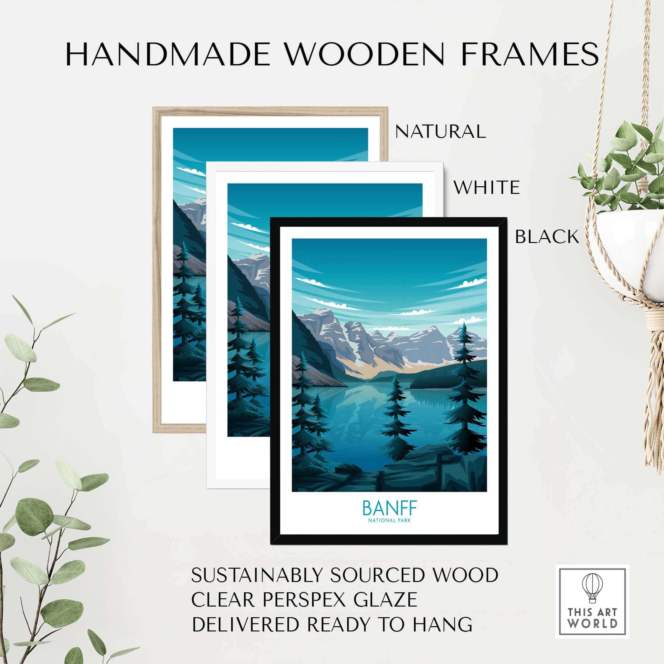 Three handmade wooden frames in natural, white, and black, showcasing a Banff National Park print ready to hang.