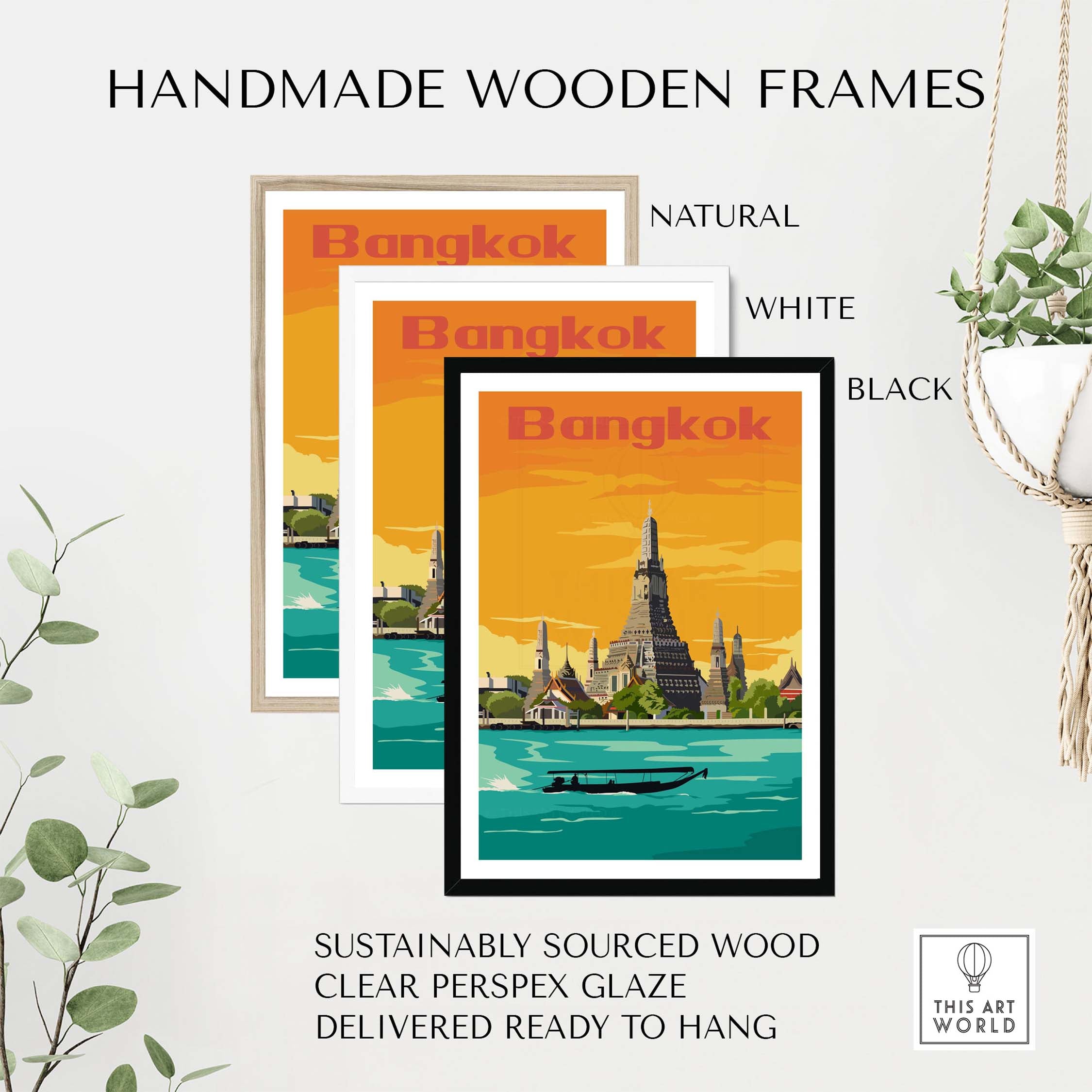 Bangkok Print Poster Wall Art with handmade wooden frames in natural, white, and black finishes.