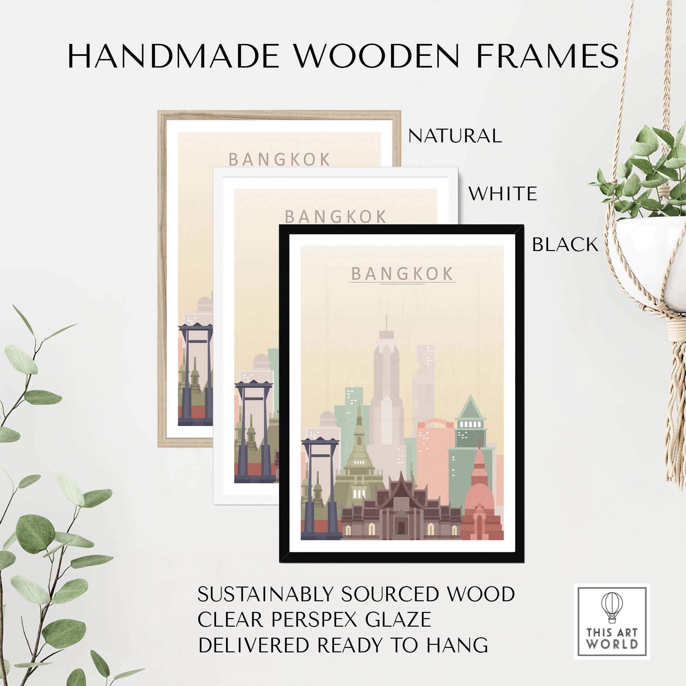 Bangkok skyline poster print in handmade wooden frames, featuring natural, white, and black options.
