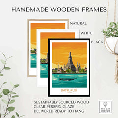 Set of handmade wooden frames in natural, white, and black for Bangkok travel art prints, sustainably sourced and ready to hang.