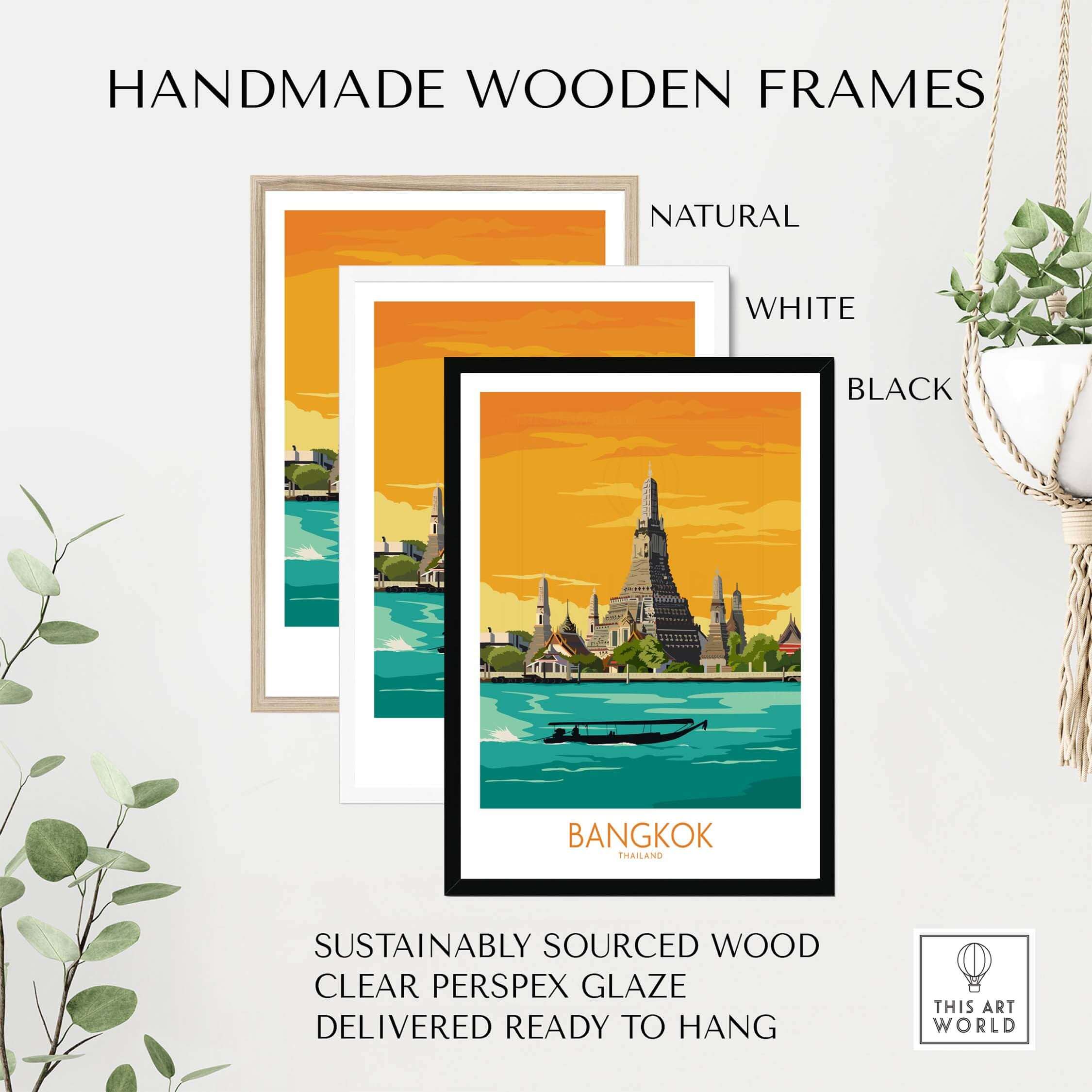 Set of handmade wooden frames in natural, white, and black for Bangkok travel art prints, sustainably sourced and ready to hang.
