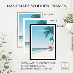 Handmade wooden frames in natural, white, and black for Barbados poster, sustainably sourced and ready to hang.