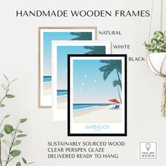 Handmade wooden frames in natural, white, and black for Barbados Print, made from sustainably sourced wood.