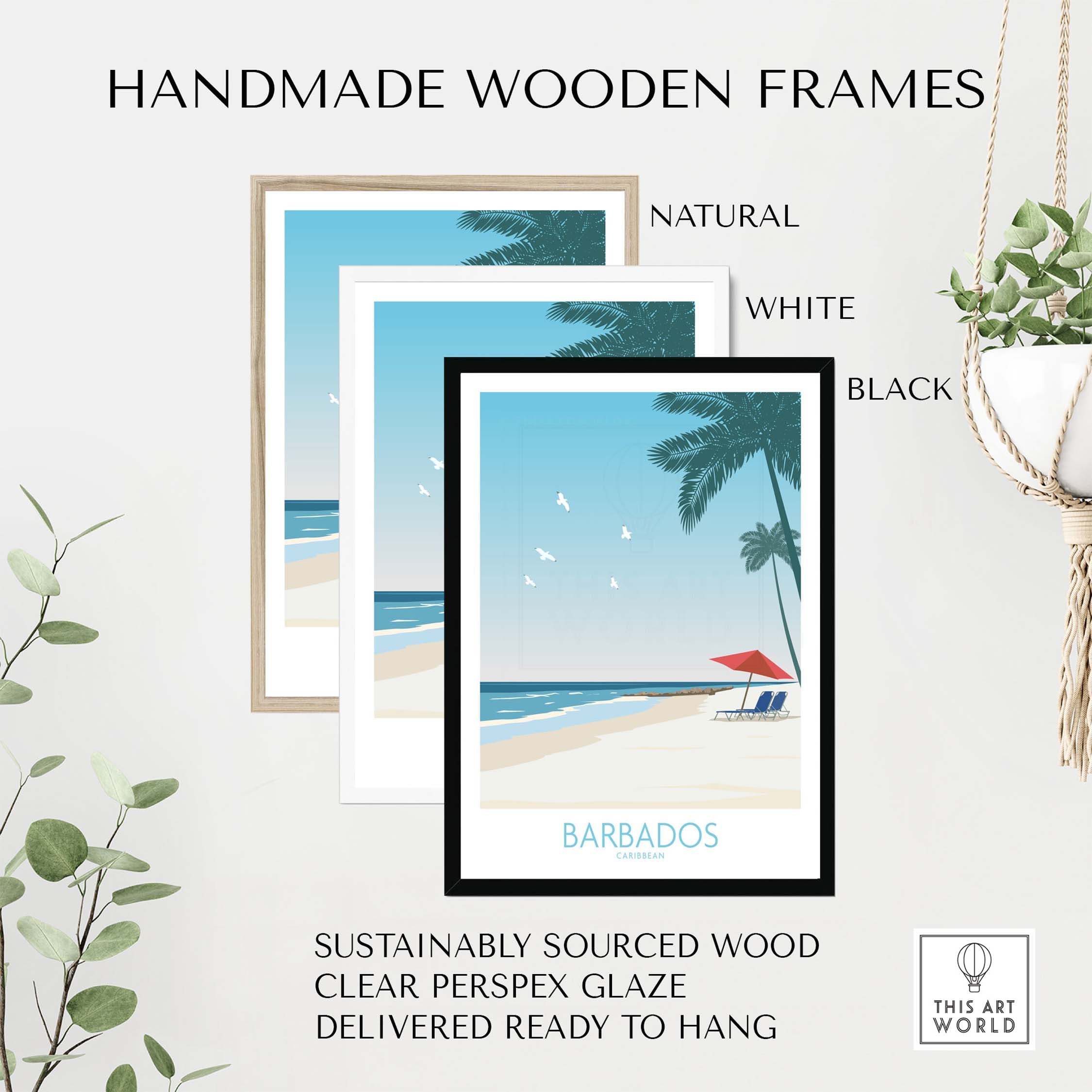 Handmade wooden frames in natural, white, and black for Barbados Print, made from sustainably sourced wood.