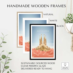 Handmade wooden frames in natural, white, and black for Barcelona wall art, sustainably sourced and ready to hang.
