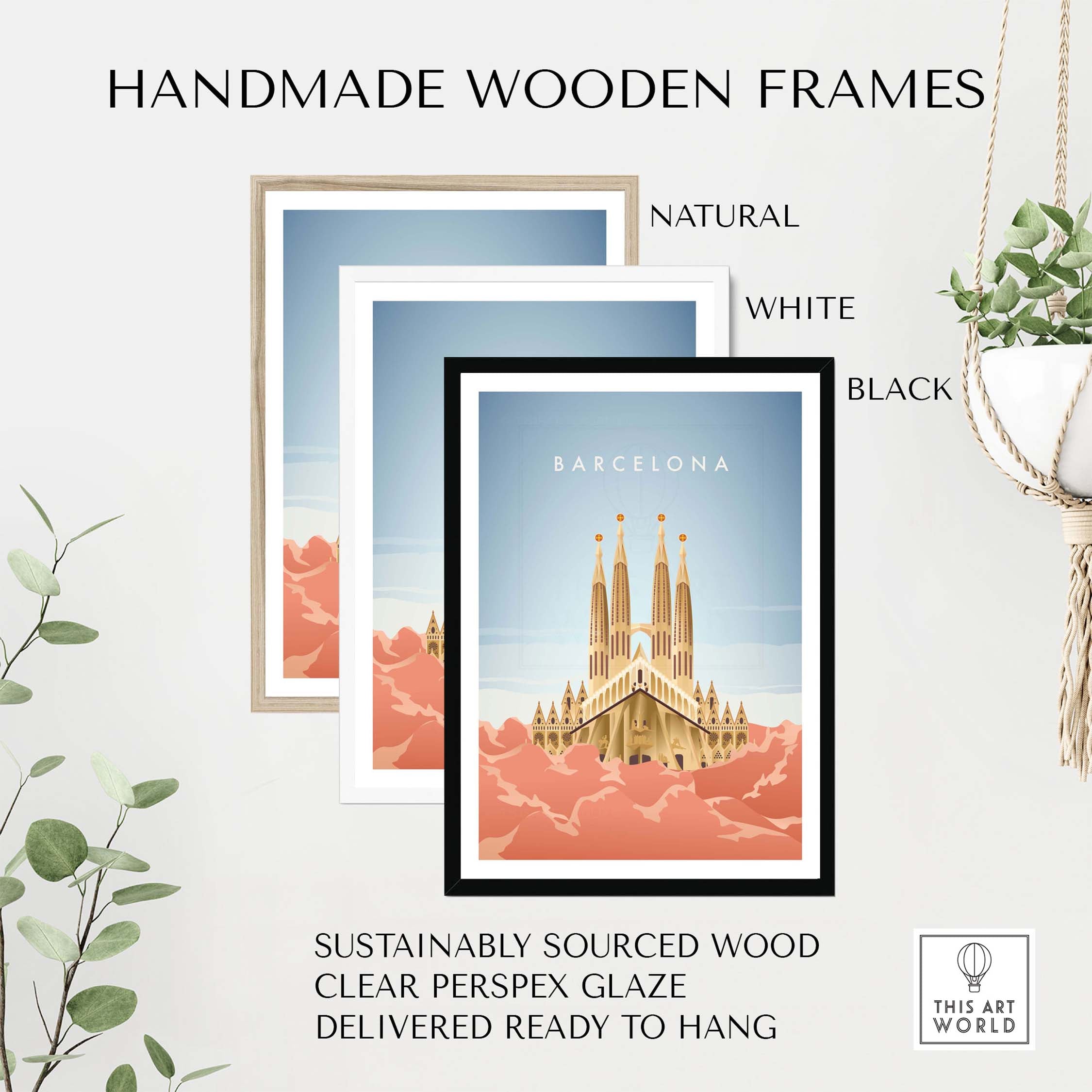 Handmade wooden frames in natural, white, and black for Barcelona wall art, sustainably sourced and ready to hang.